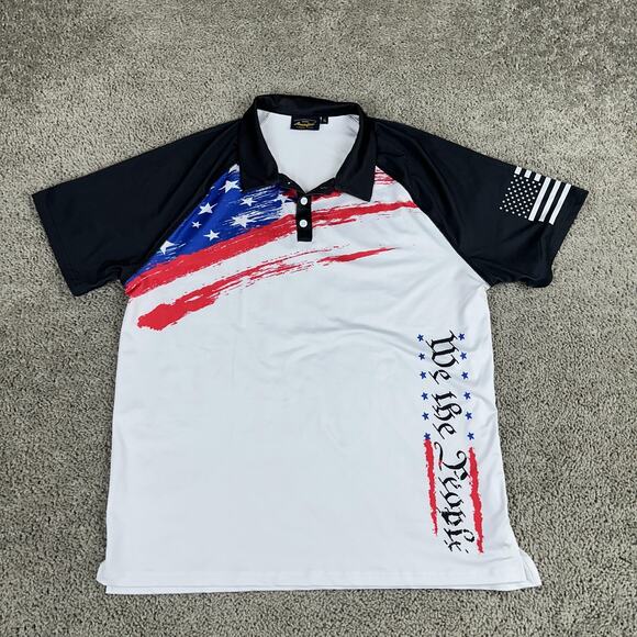 Mainfini Polo Shirt Mens XL White American Flag We The People USA Patriotic - Picture 2 of 9